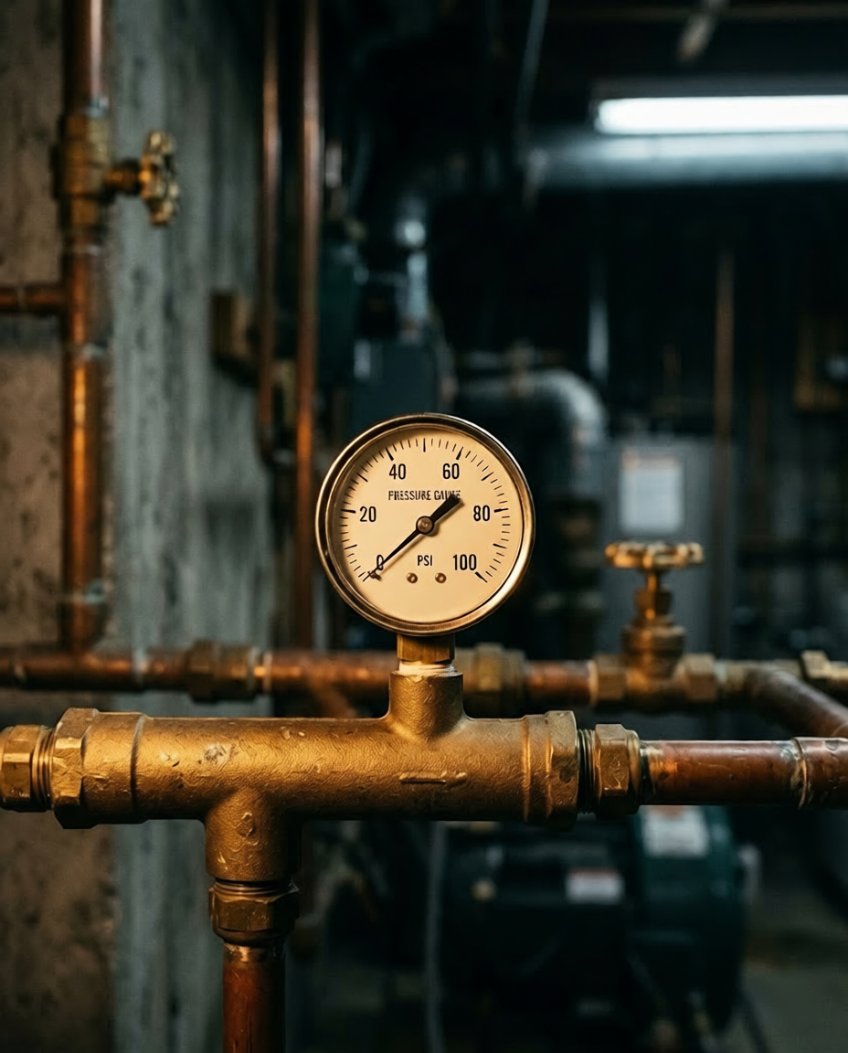 Pressure gauge reading at a plumbing manifold