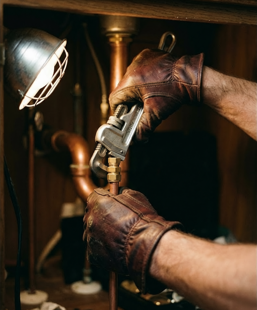 Plumber repairing pipes under a sink