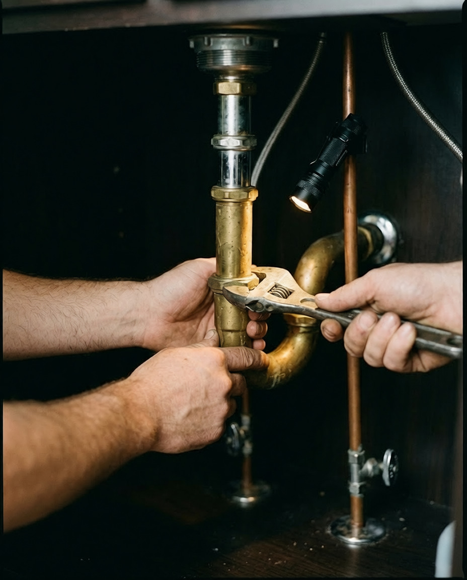 Plumber repairing a leaking fixture under a sink
