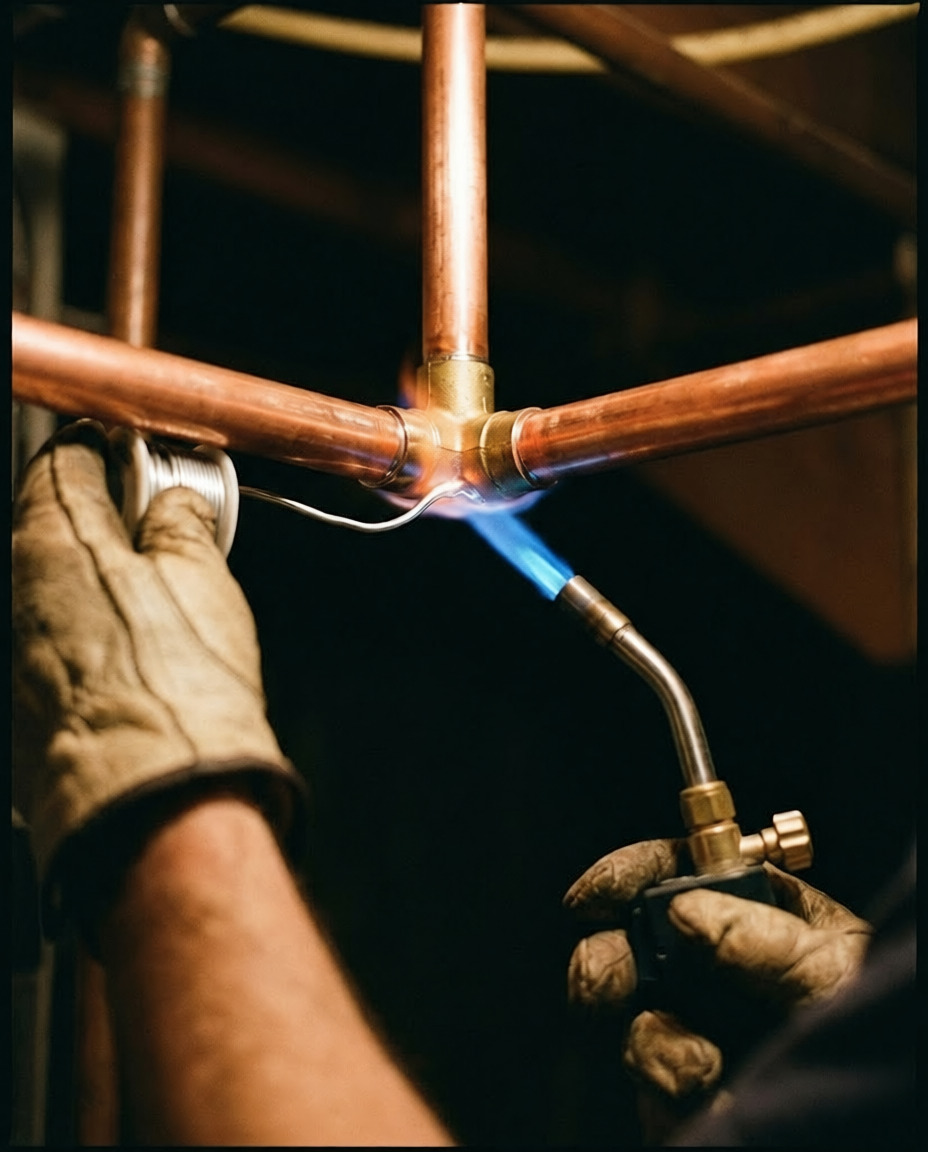 Freshly soldered copper supply lines during a whole-home repipe